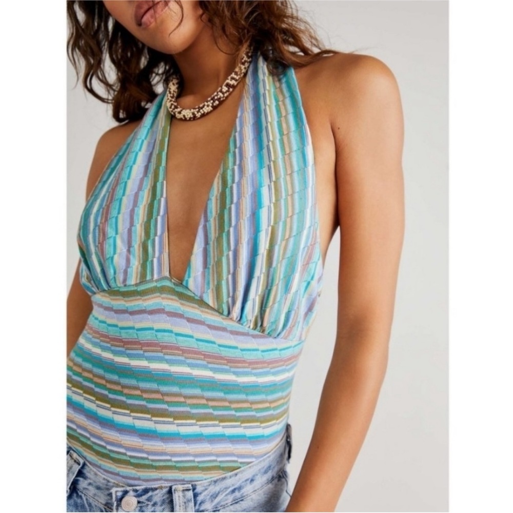 Free People Retro colorful stripe deep-v halter bodysuit size Large NWOT